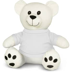 A white plush bear toy with a smiling face and a blank shirt, featuring black paw prints on its feet.