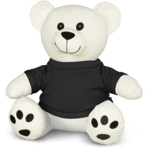 A white plush toy bear with black accents, wearing a black shirt and featuring embroidered facial details.