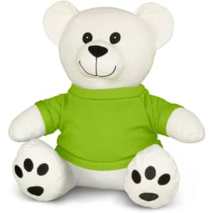 A white plush bear toy wearing a green shirt, featuring black paw prints on its feet and a friendly smile.