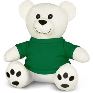 A plush bear toy with a white body and black accents, wearing a green shirt and displaying a cheerful expression.