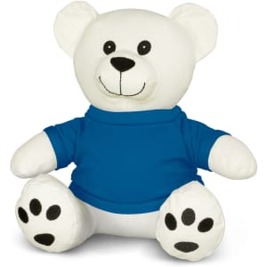 A plush toy bear with a white body, black paws, and a blue shirt, featuring a friendly smile and large eyes.