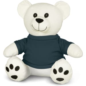 A white plush bear toy wearing a navy blue shirt, featuring black paw prints and stitched facial features.