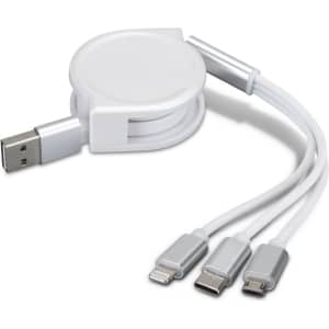 A retractable charging cable in white featuring USB, Lightning, and USB-C connectors. It includes a branding logo.