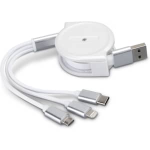 A retractable white charging cable with USB, Lightning, and USB-C connectors, featuring a silver accent.