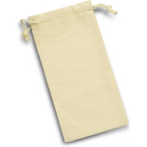 A cotton drawstring pouch in a light cream colour, featuring a simple design and a drawstring closure.