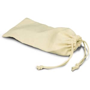 A cream cotton drawstring pouch with a gathered top, featuring a simple design and a decorative logo.