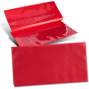 A red vinyl travel wallet with a glossy finish, featuring an open flap and a smooth, plain exterior.
