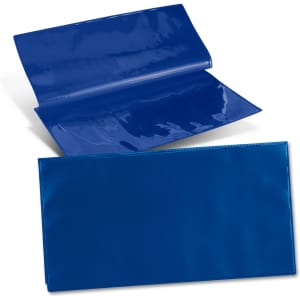 A blue vinyl travel wallet with an open and closed view, featuring a glossy finish and a logo.