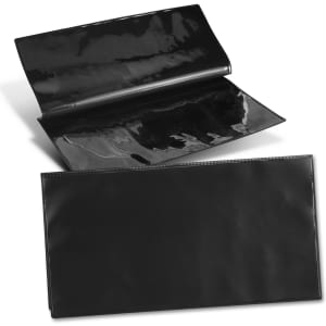 A black vinyl travel wallet opened to display its interior and exterior surfaces. It has a logo on one side.