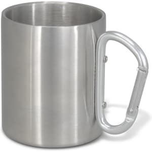 A stainless steel coffee mug featuring a carabiner-style handle, suitable for outdoor activities.
