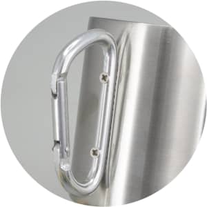 A stainless steel coffee mug featuring a silver carabiner handle. The mug has a sleek finish and includes a logo.