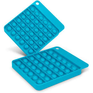 A teal silicone Pop Bubble Board with multiple popping bubbles on a square design, featuring a handle for easy grip.