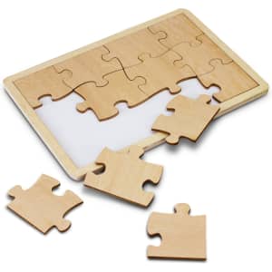 A wooden 12-piece puzzle with a light wood finish, featuring several pieces outside the frame.
