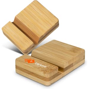 A bamboo phone stand with a sleek design, featuring a logo on its surface, showcasing a natural wood texture.