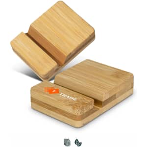 A bamboo phone stand featuring a sleek design and natural wood finish, with branding visible on one side.