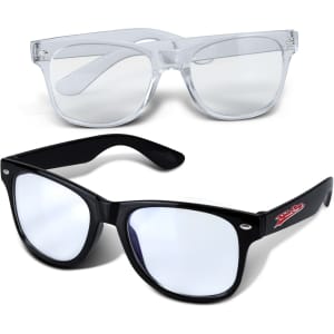 A pair of blue light glasses, one clear and one black, both featuring stylish frames and reflective lenses.
