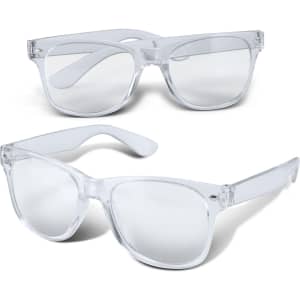 Clear blue light glasses with a stylish frame, featuring a logo on one side. Suitable for leisure and outdoor activities.