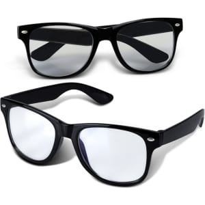 Two pairs of black Malibu blue light glasses with reflective lenses on a white background. Each pair features a logo.