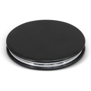 A black compact mirror with a sleek, circular design and a silver rim, featuring a logo.