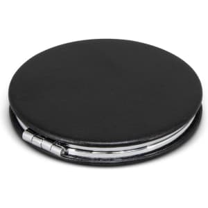 A compact mirror with a black leather exterior and silver hinges, featuring a logo on its surface.