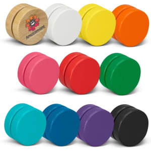A set of colourful wooden yoyos in white, yellow, orange, pink, green, blue, purple, and black, with a logo on one.
