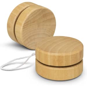 A wooden yoyo in a light wood colour with a string attached, featuring a smooth, rounded design.