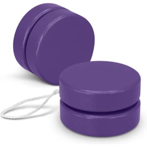 A purple wooden yoyo with a string, featuring a simple round design. It includes a logo on the surface.