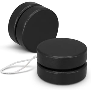 A black wooden yoyo featuring a string, designed with a smooth, round shape. The yoyo has a simple, sleek design.
