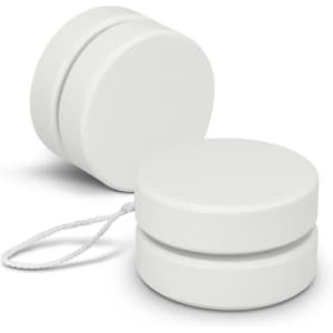 A white wooden yoyo with a string, featuring a simple circular design with a smooth finish. It has a logo on one side.