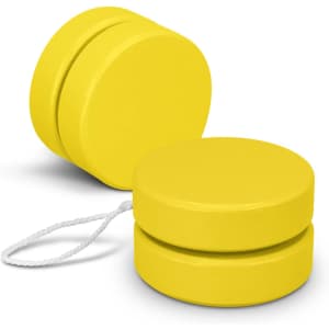 A yellow wooden yoyo with a white string, featuring a smooth finish and rounded edges. It has a logo on one side.