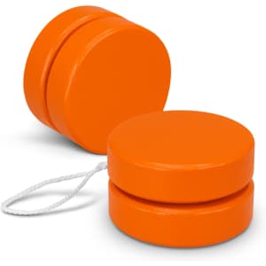An orange wooden yoyo with a string, featuring a smooth, round design. The product has a logo on it.
