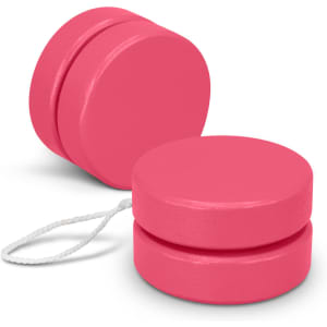 A pink wooden yoyo with a string, featuring a round design and a smooth finish. It has a simple branding logo.