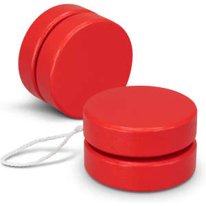 A red wooden yoyo with a string, featuring a smooth, rounded design and two circular pieces. It has a branding logo.