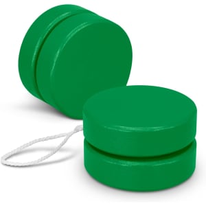 A green wooden yoyo with a white string, featuring a smooth, rounded shape and a glossy finish.