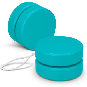 A teal wooden yoyo with a string, featuring two circular discs stacked together.