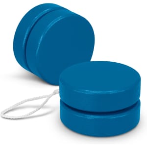 A blue wooden yoyo with a white string, featuring two circular halves joined together.