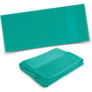 A folded and unfolded turquoise towel, featuring a textured stripe, with a logo on it.