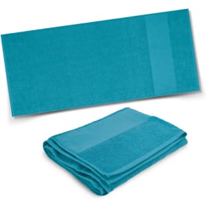 A turquoise bath towel featuring a textured band, displayed flat and folded. Includes a logo.