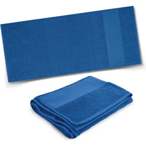 A blue Marina Terry Towel displayed flat and folded, featuring a textured design and a branded logo.