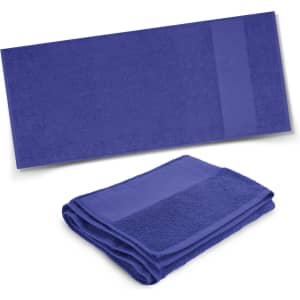 A folded and flat towel in a vibrant blue colour, featuring a textured stripe and a logo.