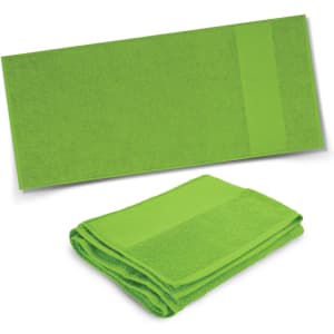 A vibrant green Marina Terry Towel, displayed both flat and folded, featuring a simple design and a logo.