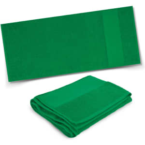 A green terry towel displayed flat and folded, featuring a textured section and a plain band, with a logo present.