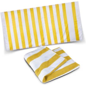 A striped beach towel featuring alternating yellow and white stripes, folded and laid flat. It has a logo.