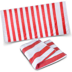 A large red and white striped beach towel folded and laid out flat, featuring a branding logo.