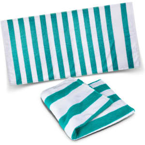 A striped beach towel in teal and white, featuring a logo, displayed flat and folded.