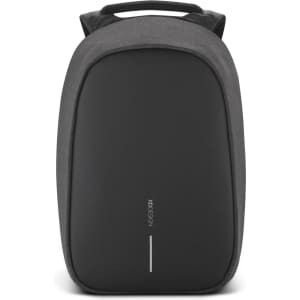 A sleek grey backpack with a minimalist design and a black front panel, featuring a logo on the surface.