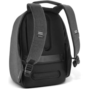 A grey backpack with a textured surface, featuring padded straps and a branded logo.