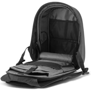 A grey backpack with a spacious interior, featuring compartments and mesh pockets for organisation.