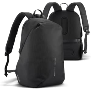 A black backpack featuring smooth fabric and textured panels, with adjustable straps and a branding logo.