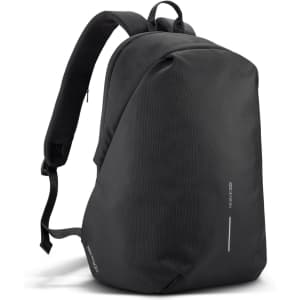A black backpack with padded shoulder straps and a side zip pocket. It features a logo detail on the side.